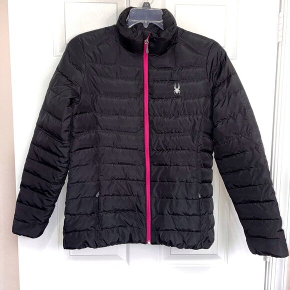 Spyder Prymo Down Filled Puffer Jacket Womens Large Black Zip Front Zip Pockets - Picture 1 of 12
